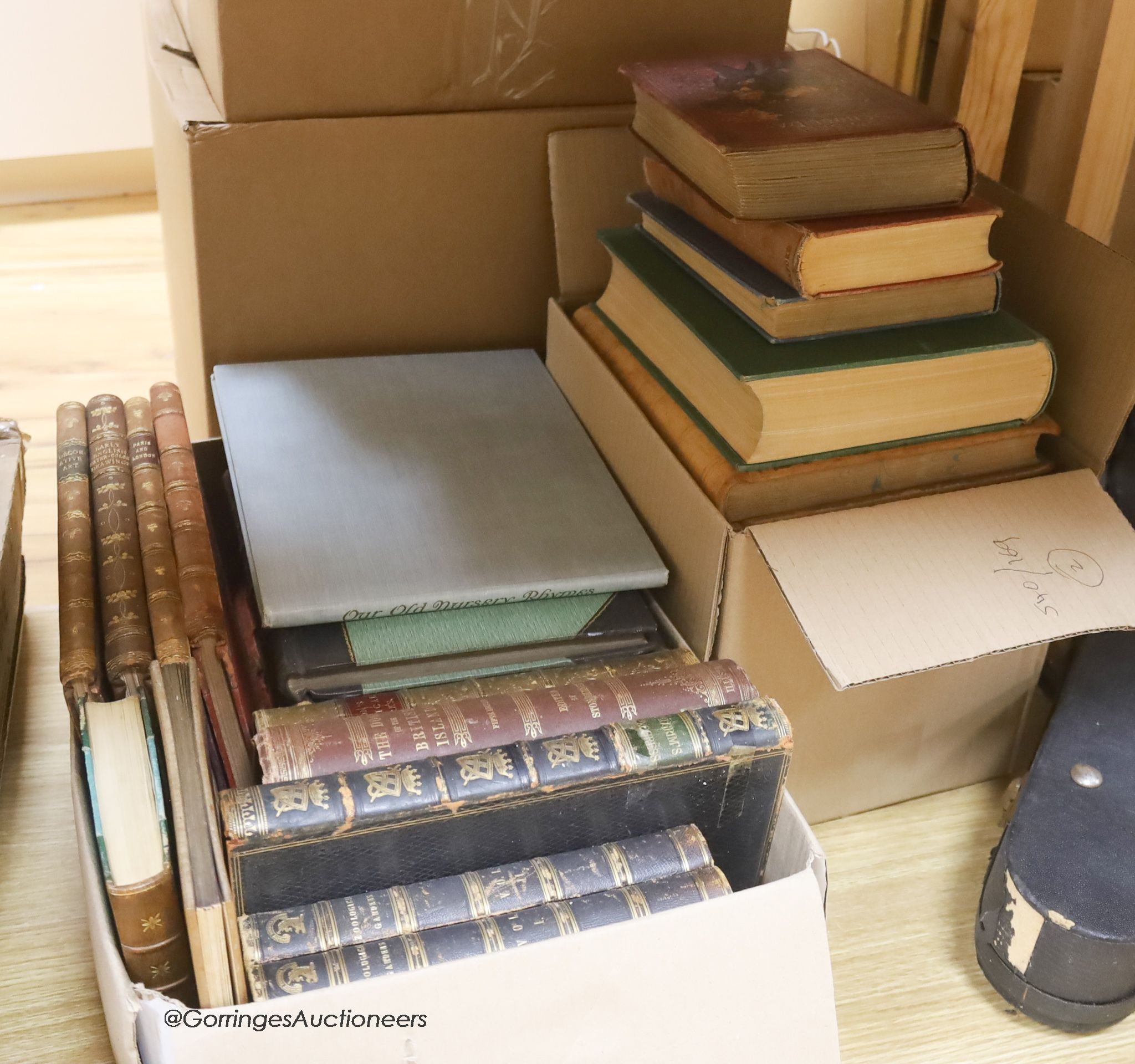 A quantity of mixed books to include Our Old Nursery Rhymes, Paris and London, Decorative Arts, Early English Watercolour Drawings, etc.